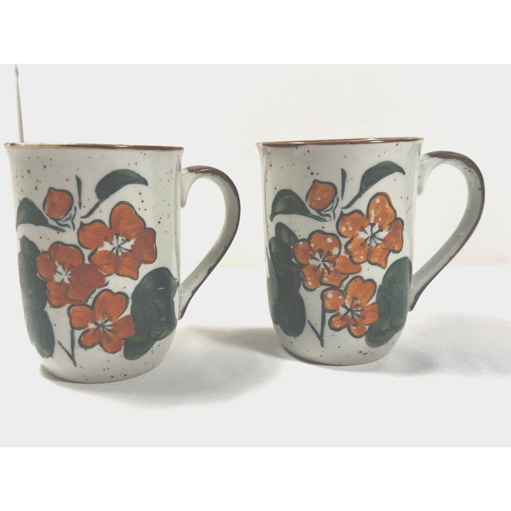 Vintage 1970s Speckled Stoneware Flower Mugs Set of 2